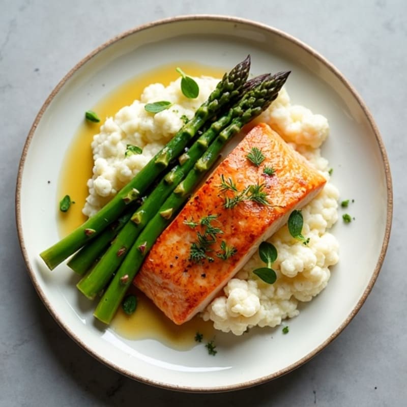 Seared Salmon with Steamed Asparagus and Cauliflower Mash