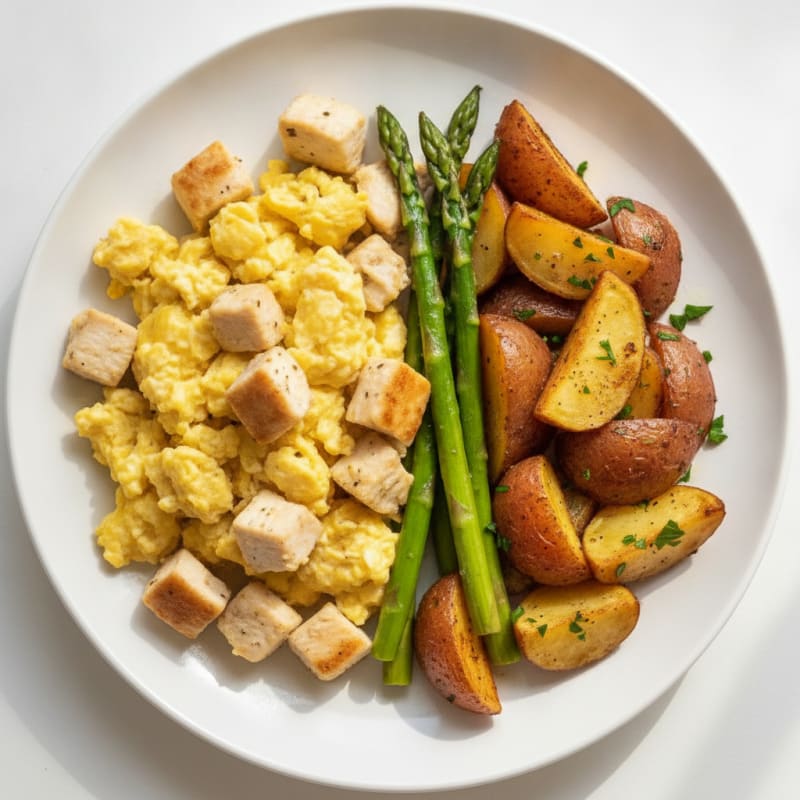 Scrambled Eggs with Chicken and Roasted Potatoes
