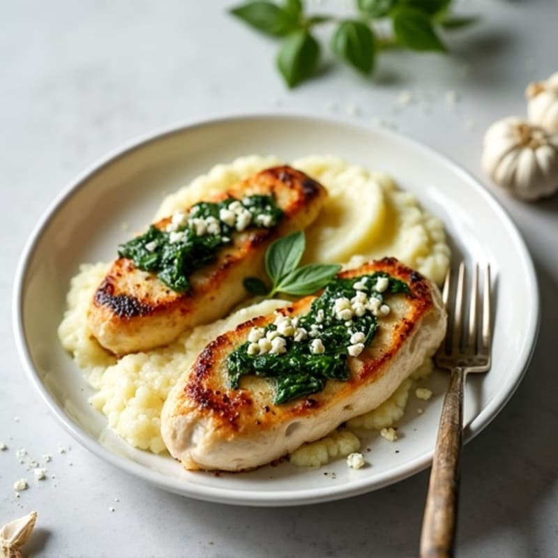 Spinach and Feta Stuffed Chicken with Creamy Garlic Cauliflower Mash