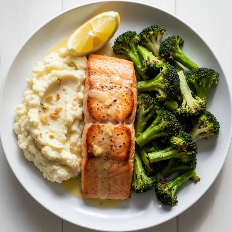 Seared Salmon Fillet with Roasted Broccoli and Garlic Cauliflower Mash