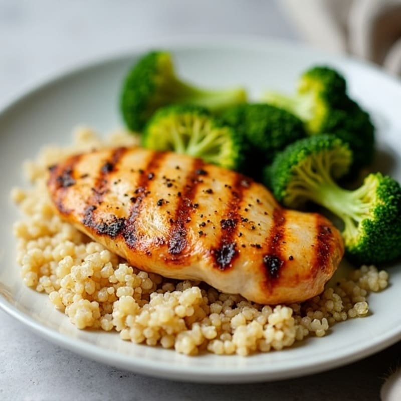Grilled Lemon Chicken Breast with Quinoa and Steamed Broccoli