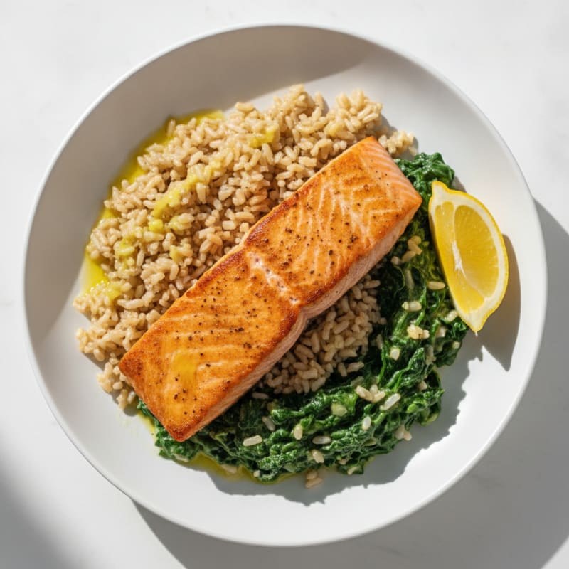 Seared Salmon Fillet with Creamy Spinach and Brown Rice