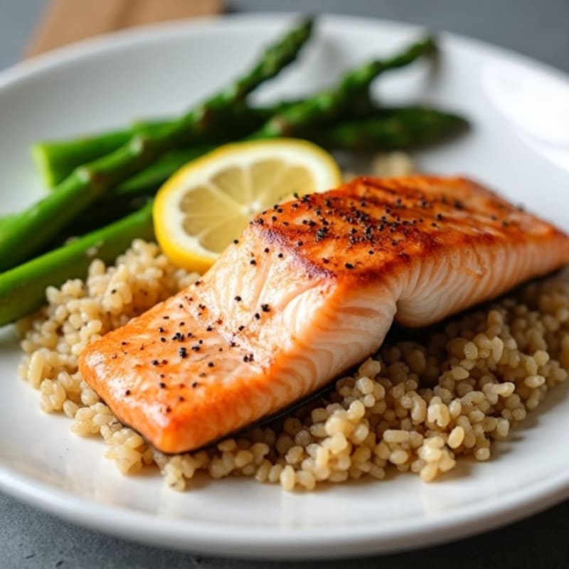 Seared Salmon Filet with Steamed Asparagus and Brown Rice