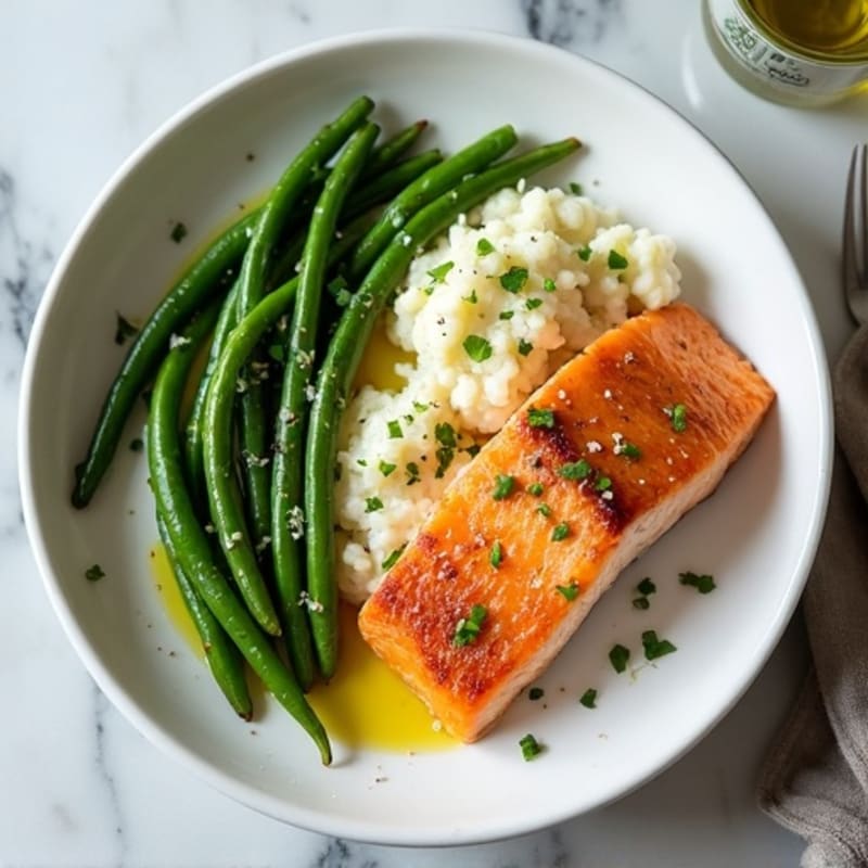 Seared Salmon with Garlic Green Beans and Cauliflower Mash