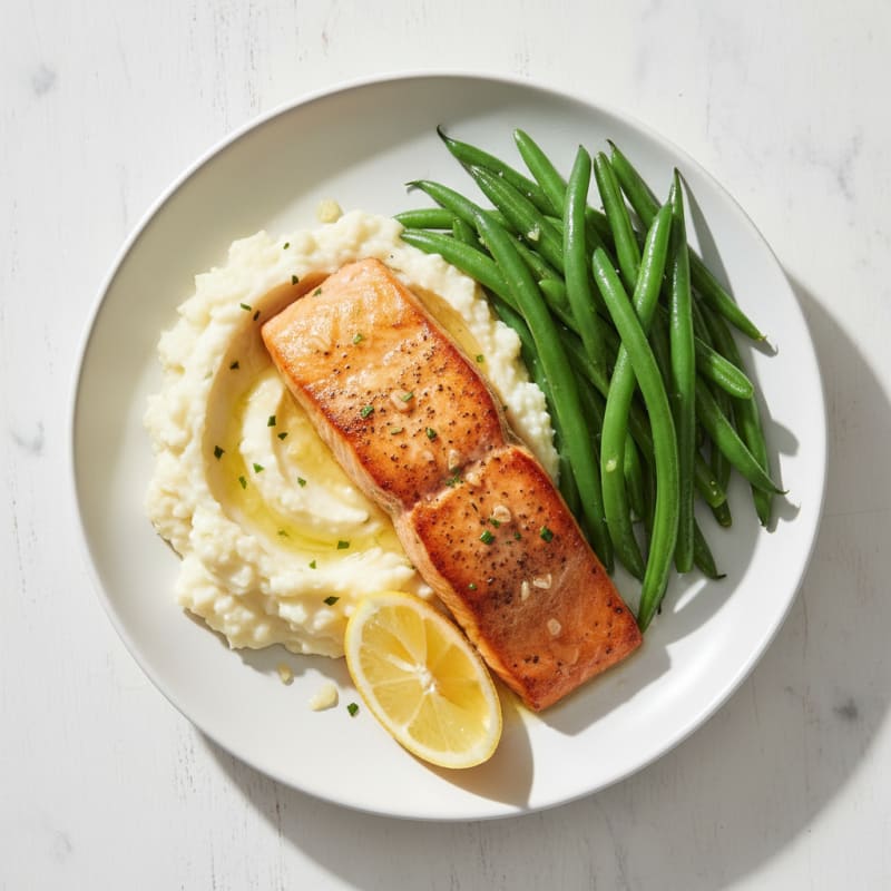 Seared Salmon with Steamed Green Beans and Garlic Mashed Cauliflower