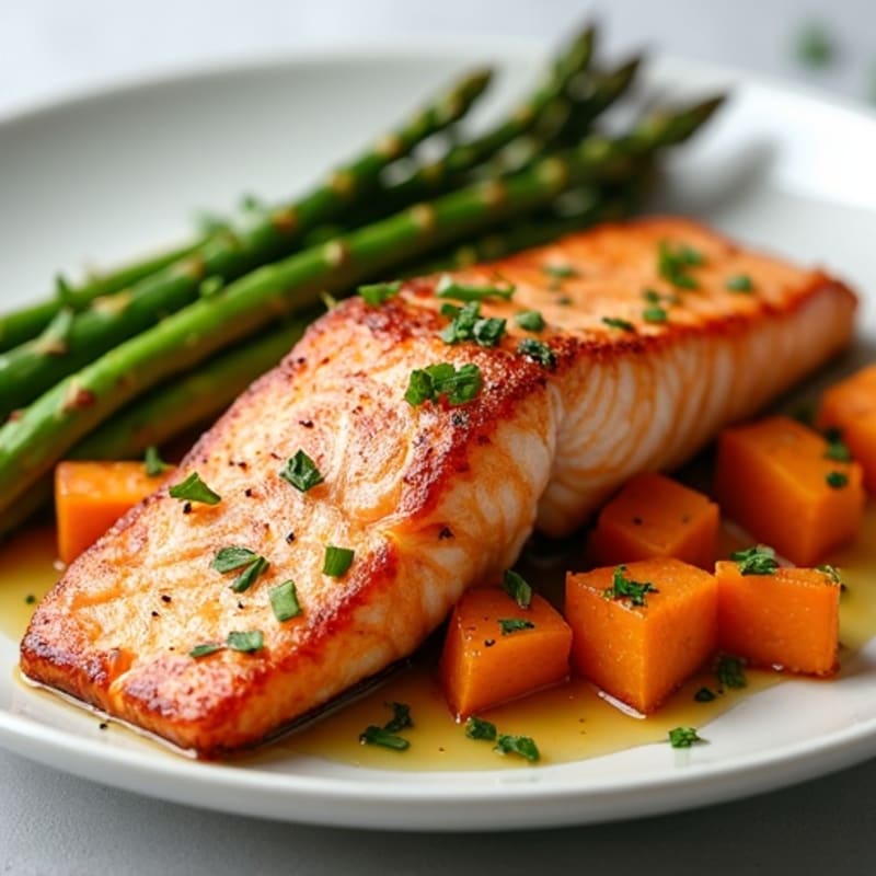 Seared Salmon with Roasted Sweet Potato and Asparagus