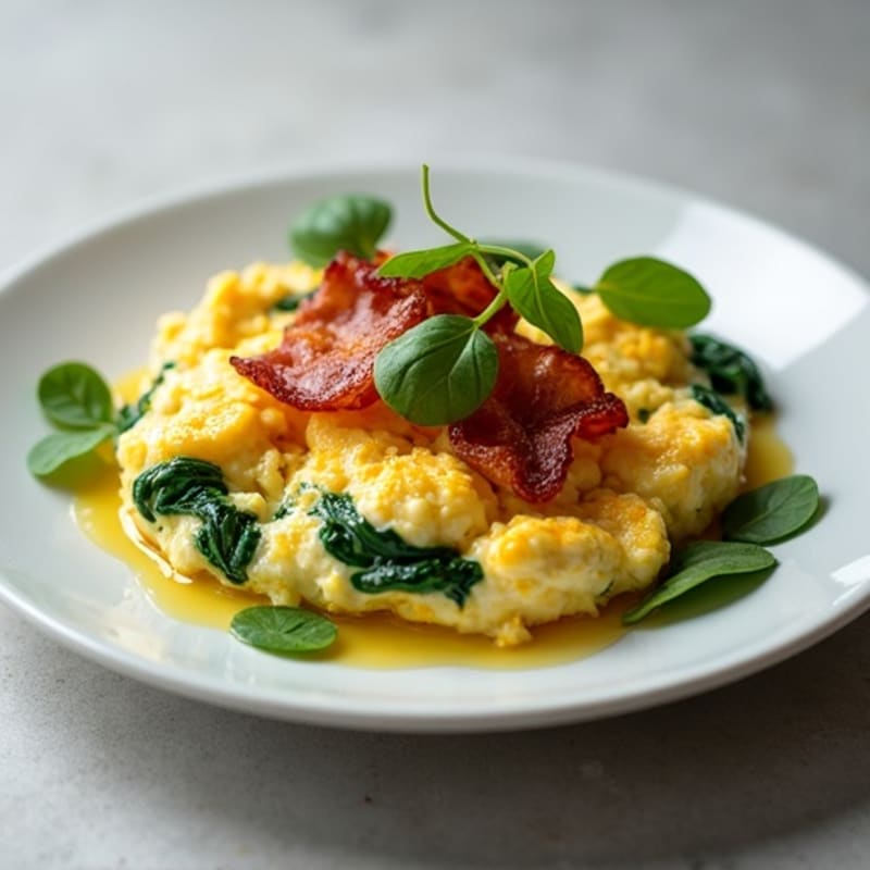 Cottage Cheese Egg White Scramble with Spinach and Turkey Bacon
