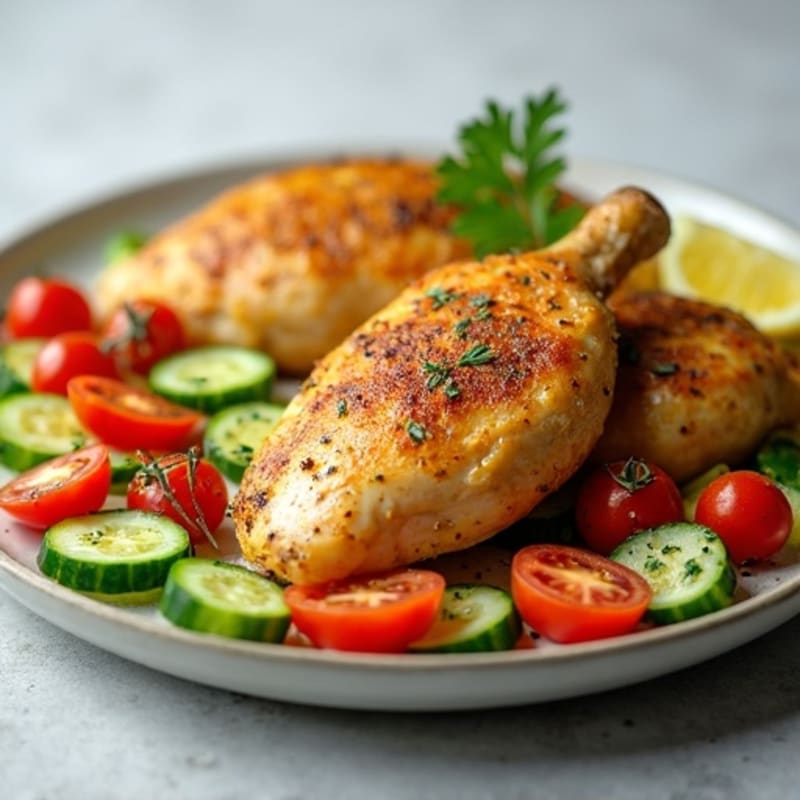 Lemon-Garlic Spiced Roasted Chicken with Fresh Cucumber Tomato Salad