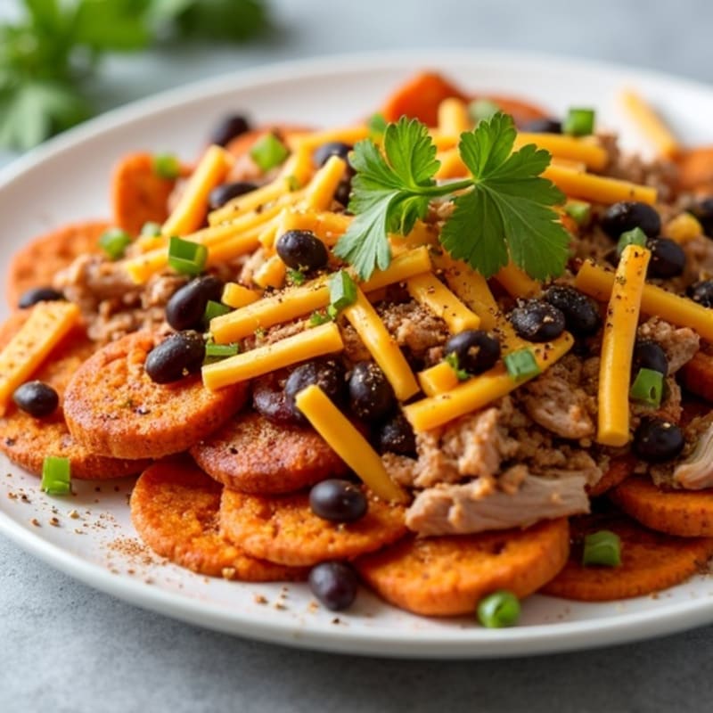 Sheet Pan Crispy Sweet Potato Pulled Pork Nachos