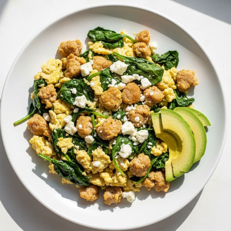 Egg White and Turkey Sausage Scramble with Spinach and Feta