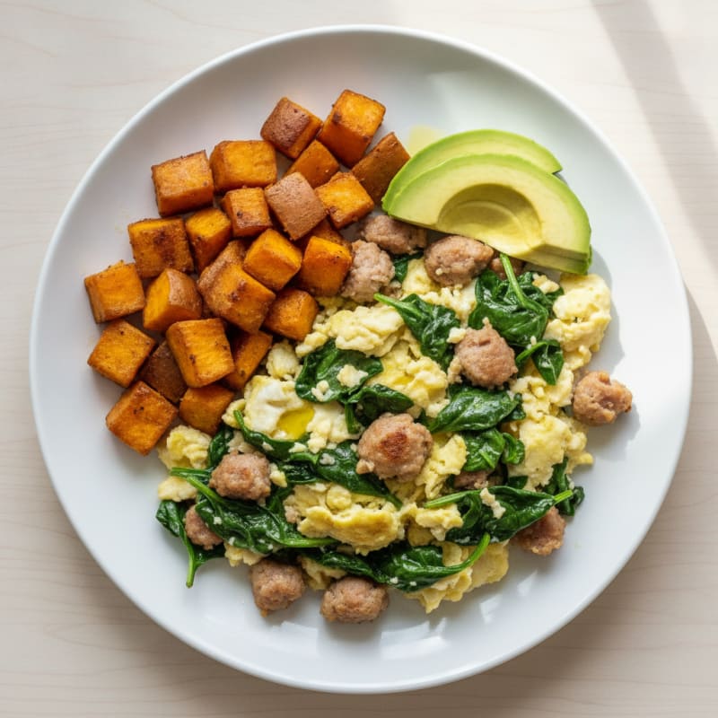 Egg White Scramble with Turkey Sausage and Spinach