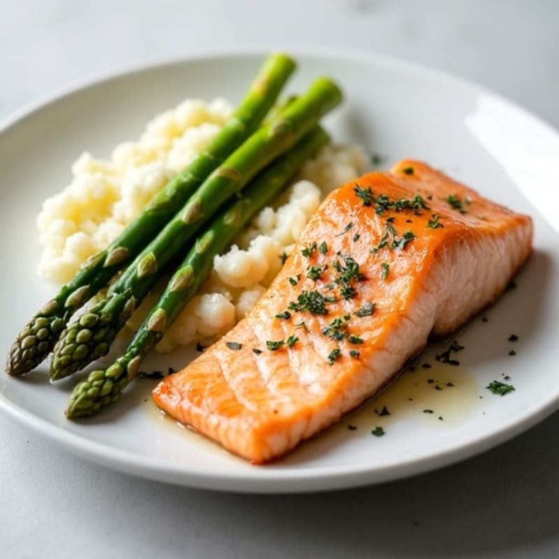 Seared Salmon with Steamed Asparagus and Garlic Mashed Cauliflower