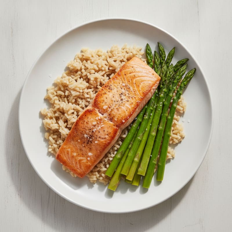 Seared Salmon with Steamed Asparagus and Brown Rice