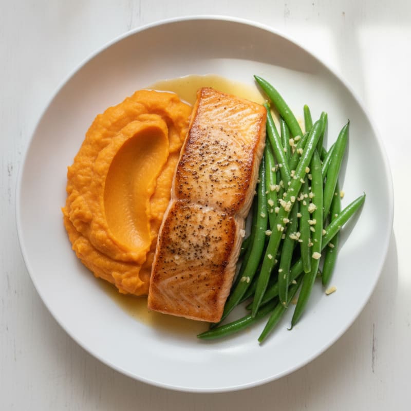 Seared Salmon with Garlic Green Beans and Sweet Potato Mash