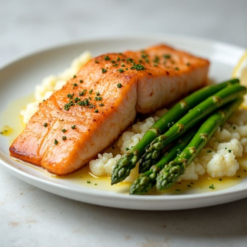 Seared Salmon with Steamed Asparagus and Cauliflower Mash