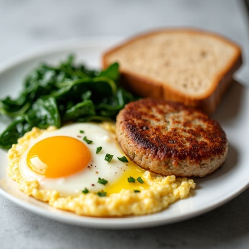 Crispy Egg White and Turkey Sausage Scramble with Sautéed Spinach