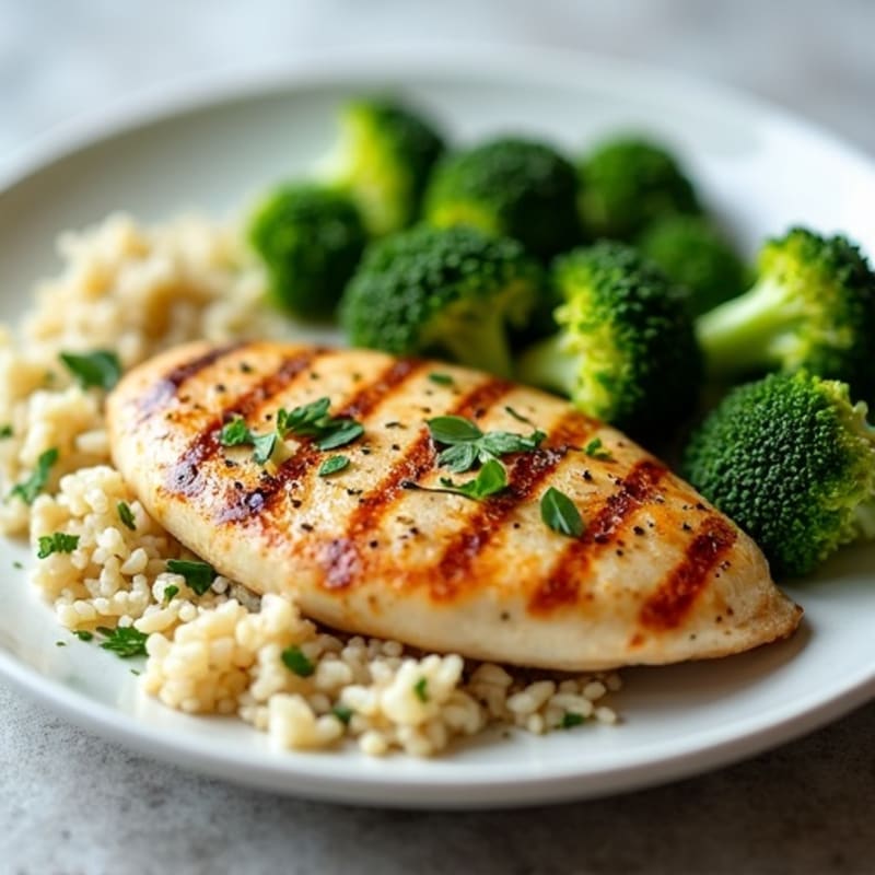 Seared Chicken Breast with Herbed Rice and Steamed Broccoli