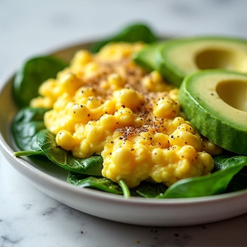Fluffy Scrambled Eggs with Fresh Spinach and Creamy Avocado