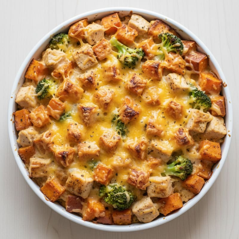 Creamy Cheesy Chicken Sweet Potato Bake