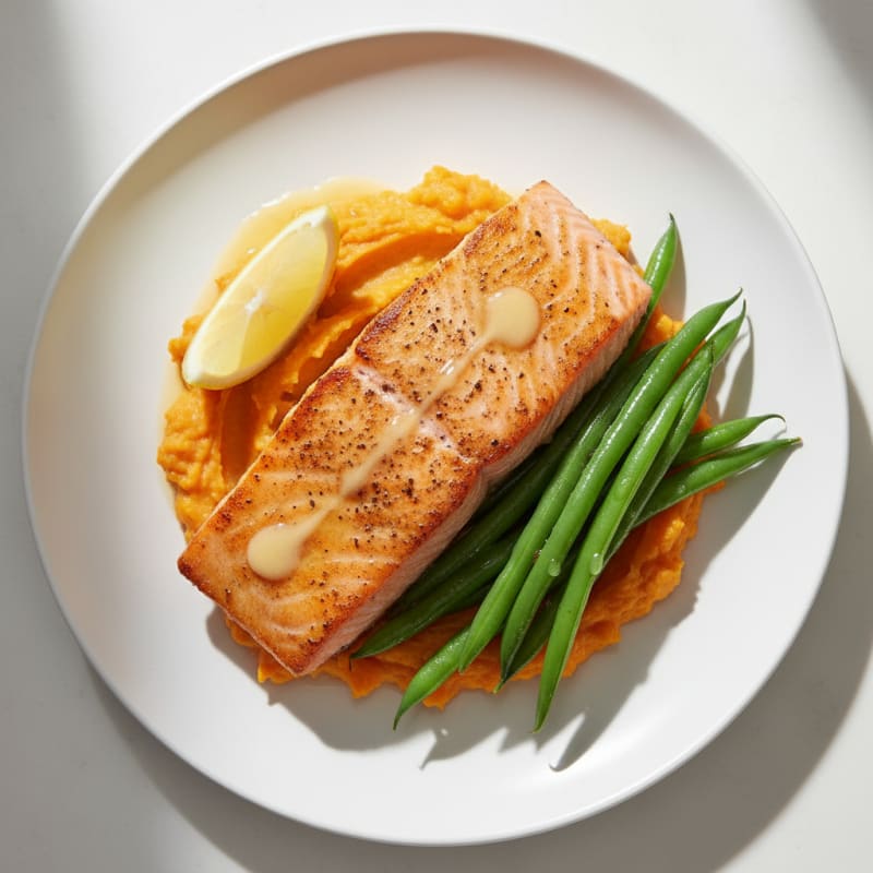 Seared Salmon with Steamed Green Beans and Sweet Potato Mash