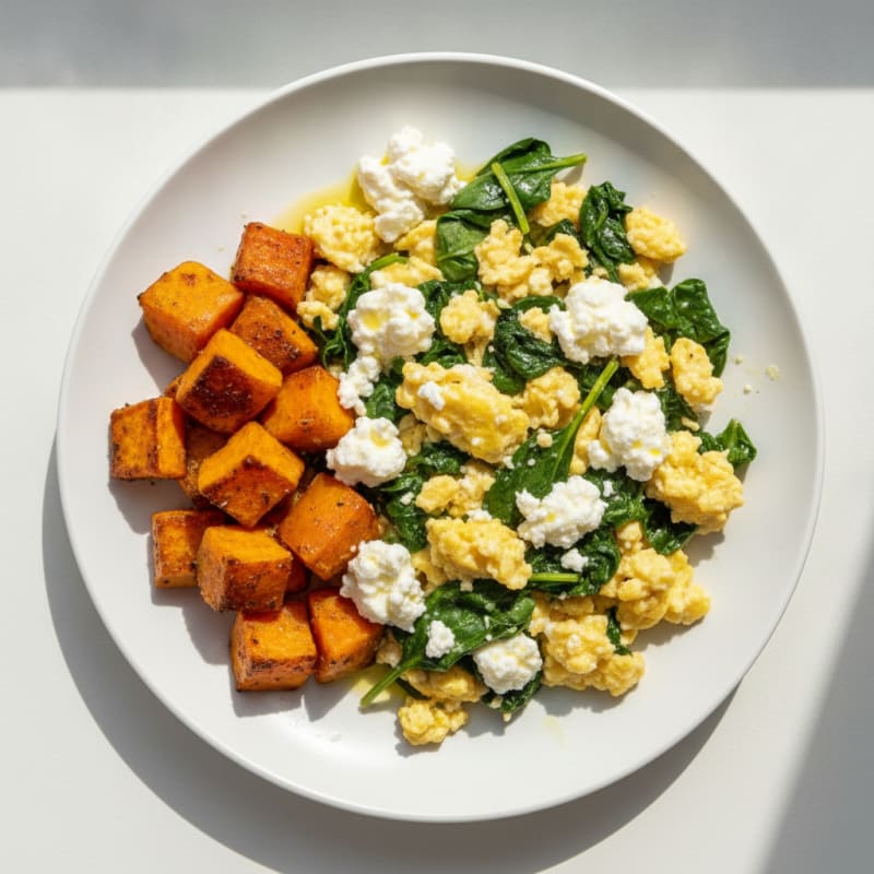 Cottage Cheese Egg Scramble with Spinach and Roasted Sweet Potato