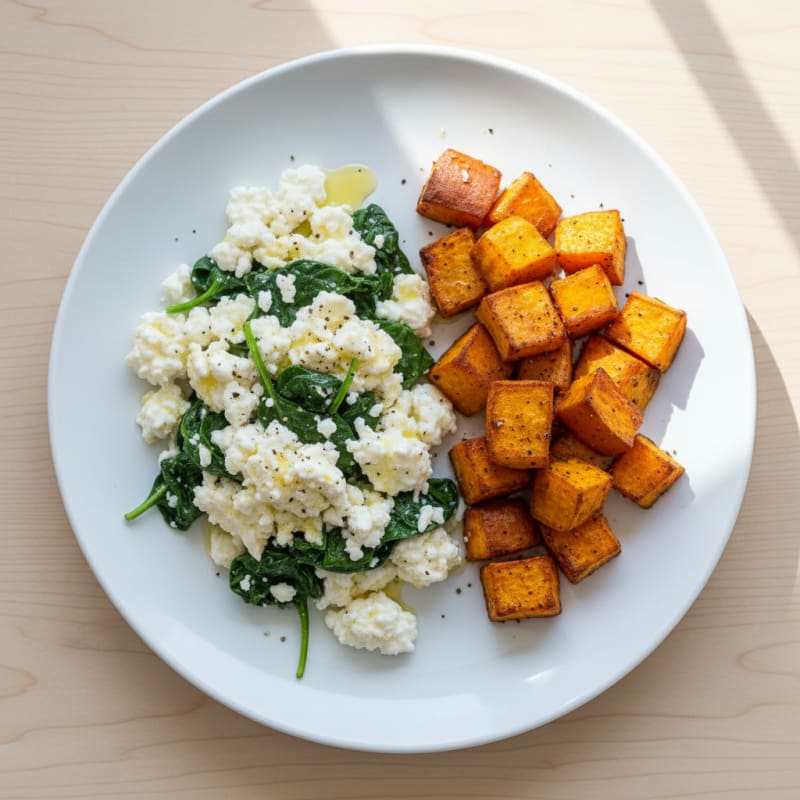 Cottage Cheese Scramble with Spinach and Roasted Sweet Potato