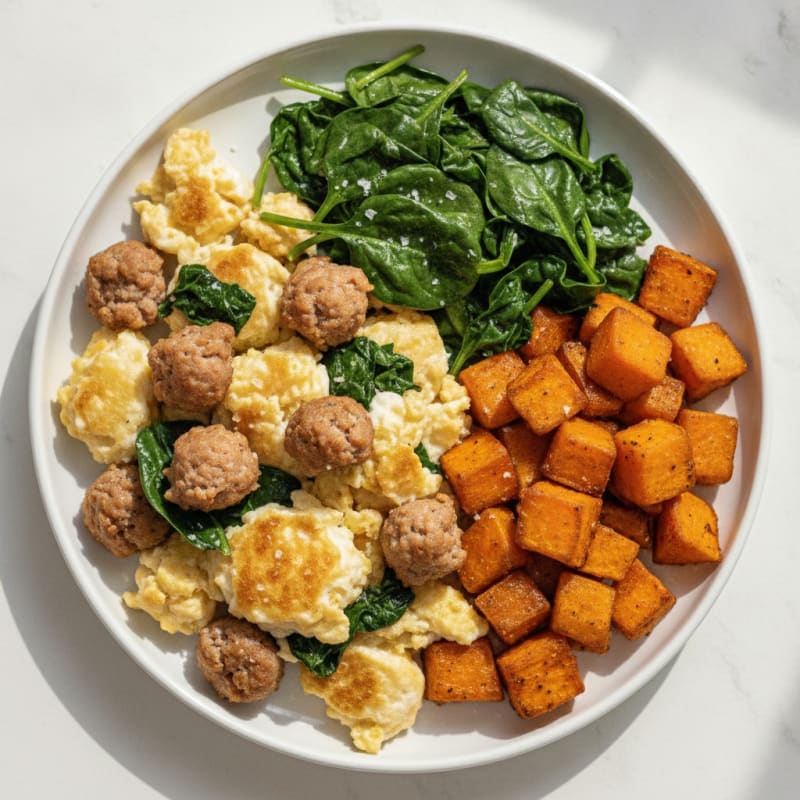 Egg White and Turkey Sausage Scramble with Sautéed Spinach and Roasted Sweet Potato