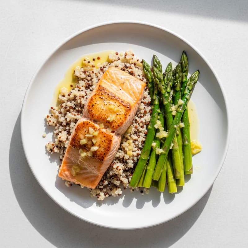 Seared Salmon Fillet with Quinoa and Lemon-Garlic Asparagus