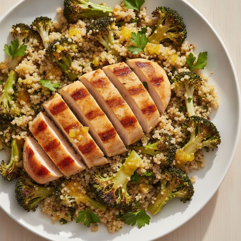 Grilled Chicken Breast and Quinoa Salad with Roasted Broccoli