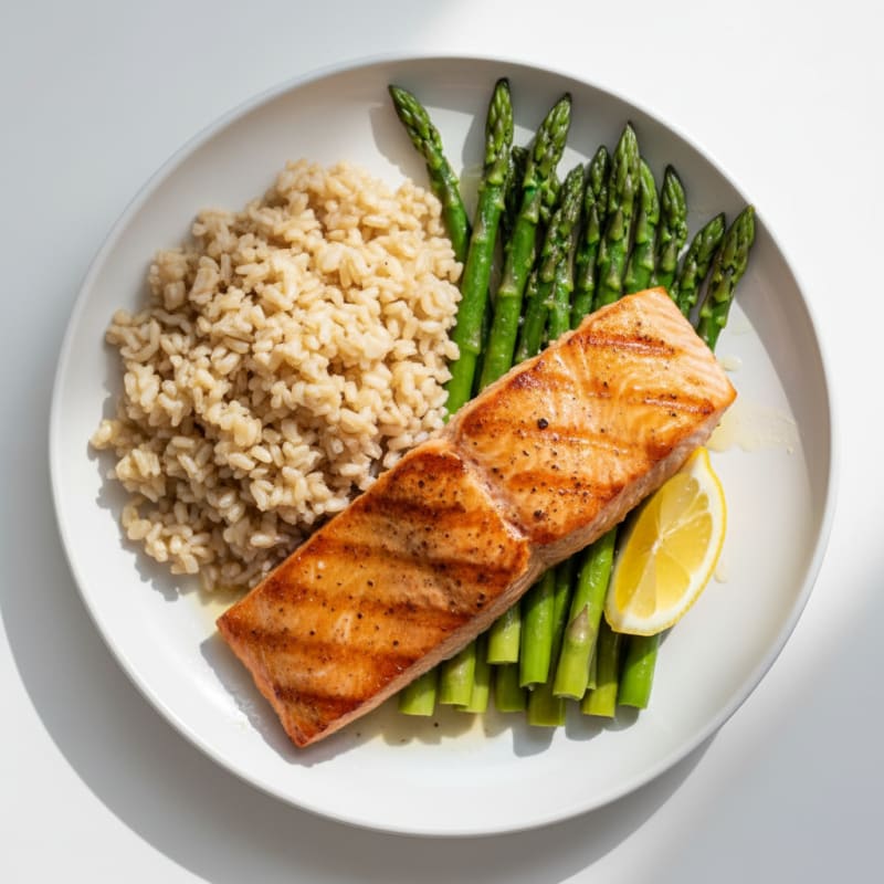 Seared Salmon with Steamed Asparagus and Brown Rice