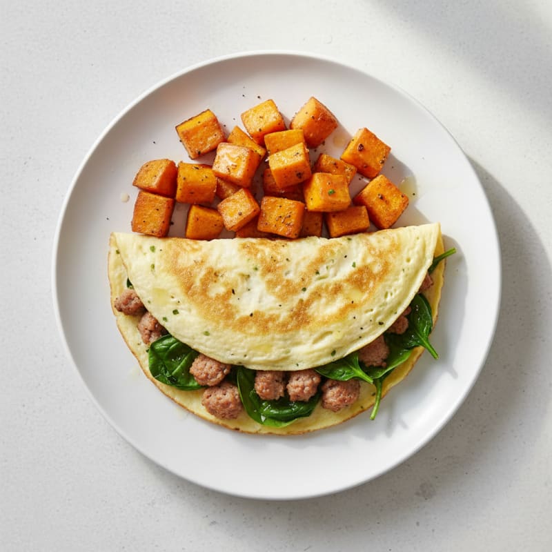 Egg White Spinach Omelette with Turkey Sausage and Roasted Sweet Potatoes