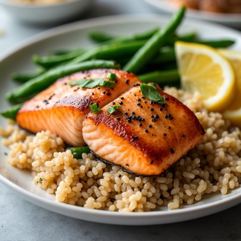 Grilled Salmon with Garlic Green Beans and Brown Rice