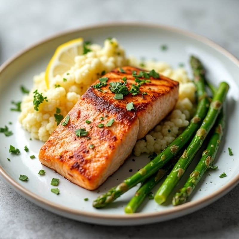 Seared Salmon with Roasted Asparagus and Cauliflower Mash