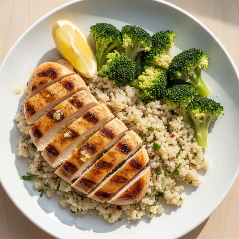 Grilled Chicken Breast with Quinoa and Steamed Broccoli