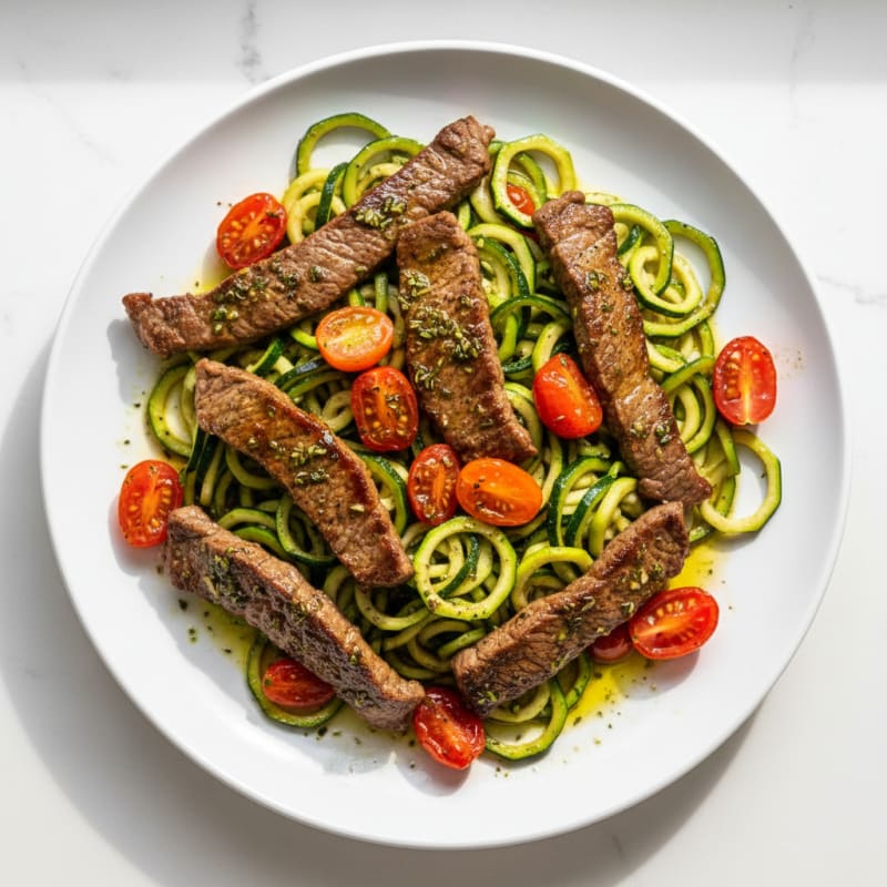 Seared Lean Beef Strips with Zucchini Noodles and Cherry Tomatoes