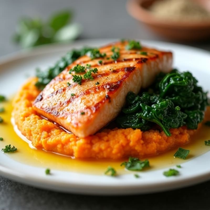 Seared Salmon Fillet with Garlic Spinach and Sweet Potato Mash