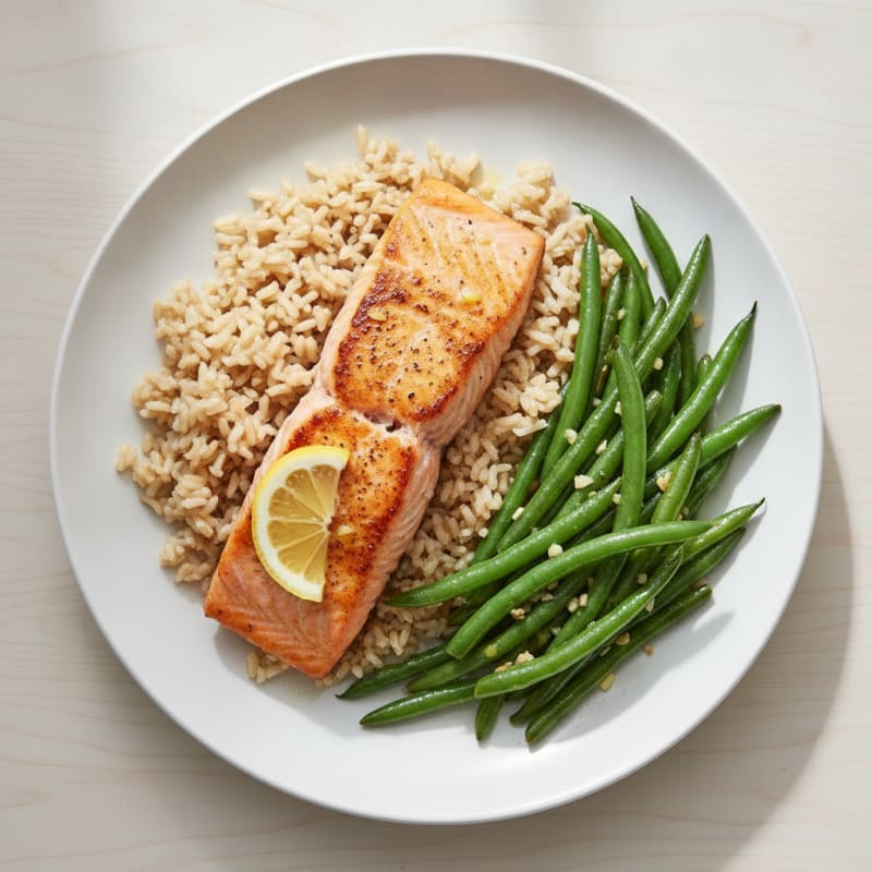 Seared Salmon Fillet with Garlic Green Beans and Brown Rice