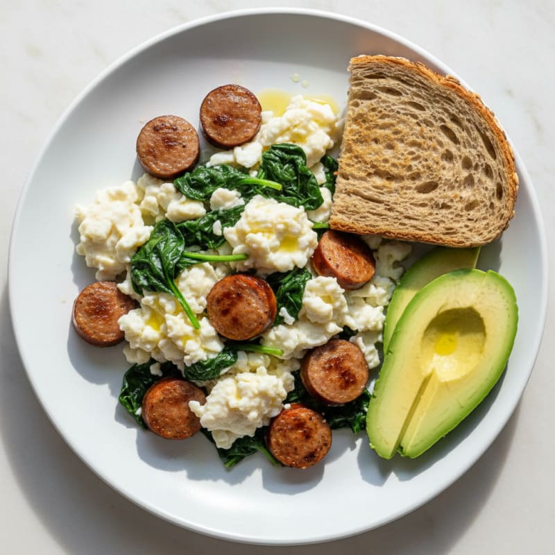 Egg White and Spinach Scramble with Turkey Sausage