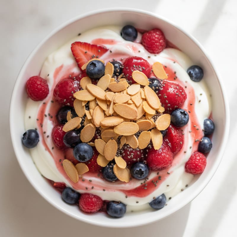 Greek Yogurt Protein Parfait with Mixed Berries and Almonds
