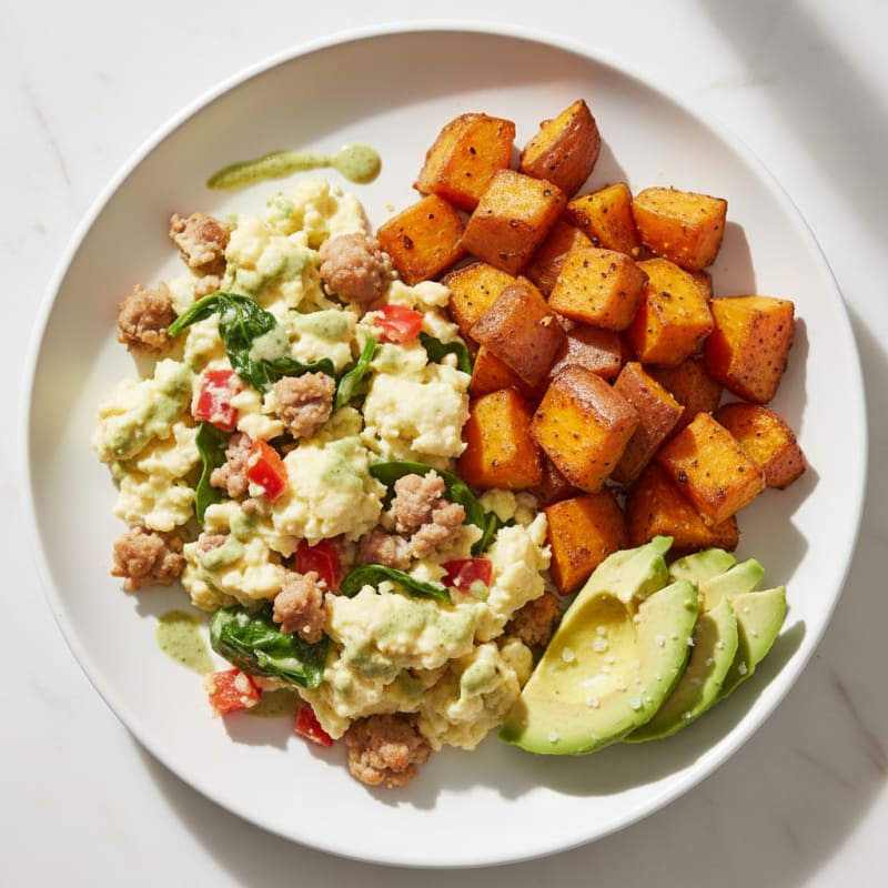 Egg White Scramble with Turkey Sausage and Roasted Sweet Potatoes