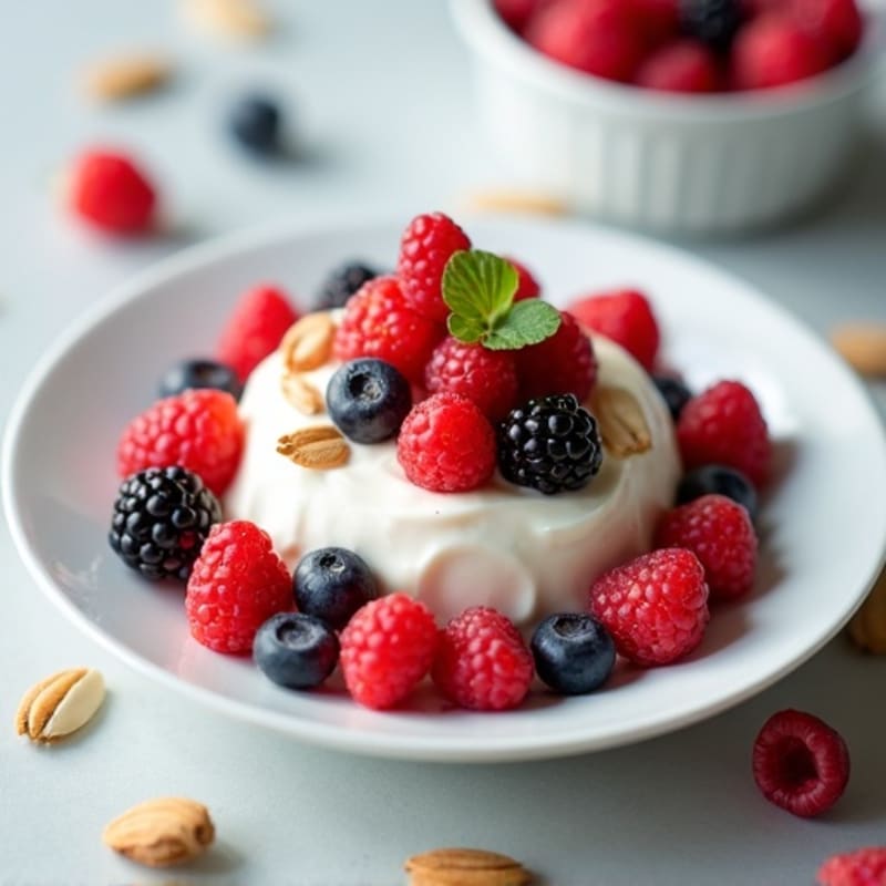 Silky Vanilla Protein Yogurt with Mixed Berries and Almonds