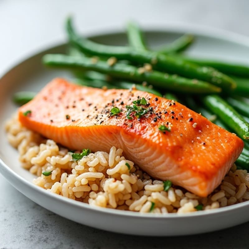 Seared Salmon with Steamed Green Beans and Brown Rice