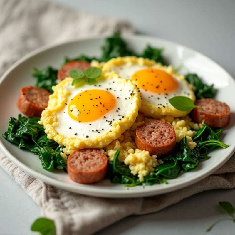 Cottage Cheese Egg Scramble with Turkey Sausage and Spinach