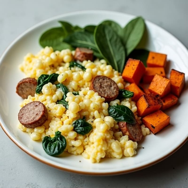 Egg White and Turkey Sausage Scramble with Spinach and Roasted Sweet Potatoes