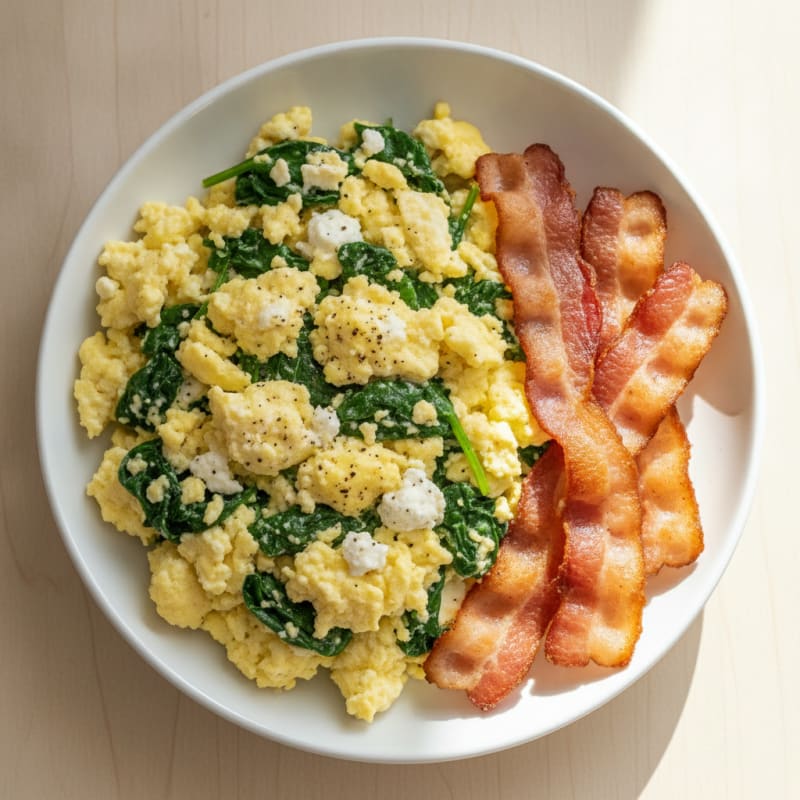 Cottage Cheese Scramble with Spinach and Turkey Bacon