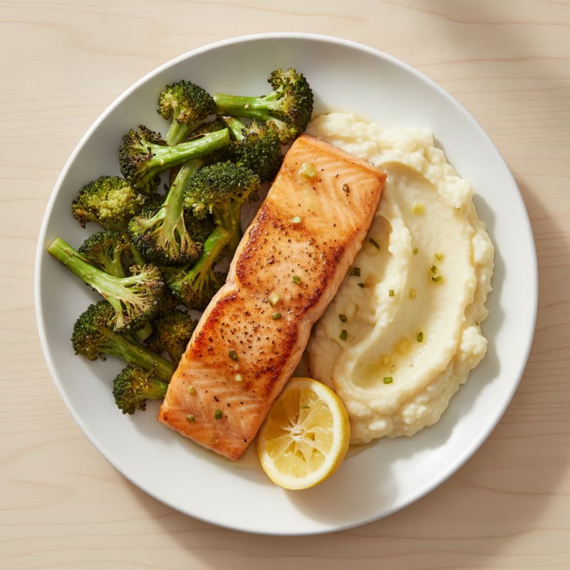 Seared Salmon with Roasted Broccoli and Garlic Mashed Cauliflower