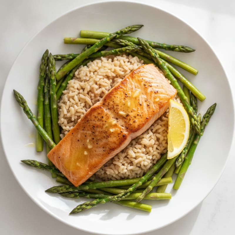 Seared Salmon Fillet with Steamed Asparagus and Brown Rice