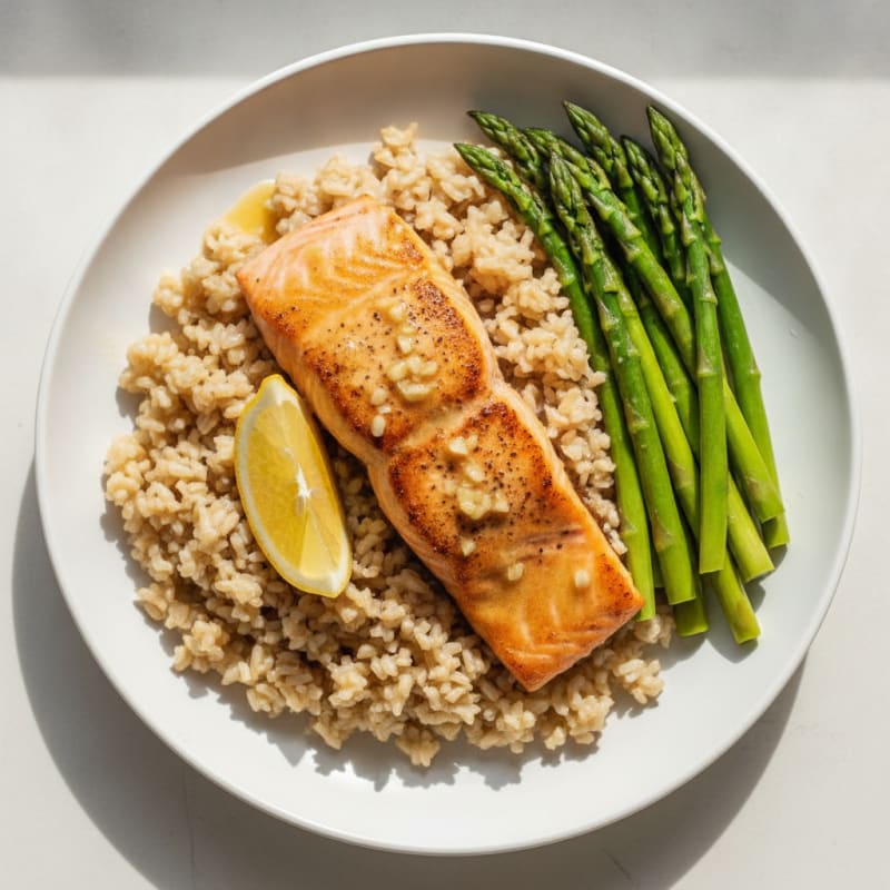 Seared Salmon with Brown Rice and Steamed Asparagus