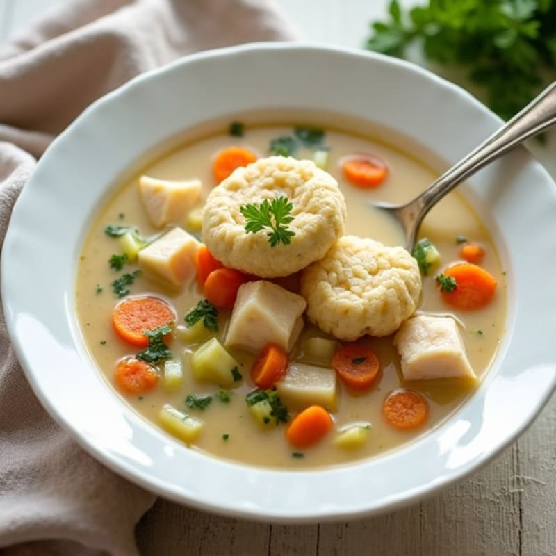 Creamy Chicken and Vegetable Soup with Fluffy Herb Dumplings