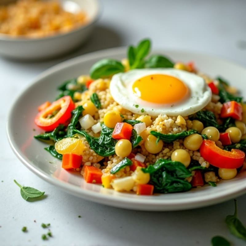 Egg White Veggie Scramble with Cottage Cheese and Sautéed Spinach